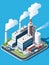 Isometric industrial enterprise producing pollutant emissions into the atmosphere with factory. Vector illustration in flat style.