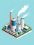 Isometric industrial enterprise producing pollutant emissions into the atmosphere with factory. Vector illustration in flat style.