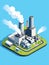 Isometric industrial enterprise producing pollutant emissions into the atmosphere with factory. Vector illustration in flat style.