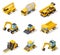 Isometric industrial machinery. 3d construction equipment truck vehicle power tools heavy machine excavator bulldozer