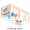 Isometric infographic flat 3D interior of clothing store inside.