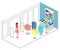 Isometric infographic flat 3D interior of clothing store inside.