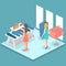 Isometric infographic flat 3D interior of clothing store inside.