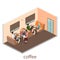 Isometric interior of cafe shop. flat 3D isometric design interior cafe or restaurant. People sit at tables and eat.