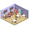 Isometric interior of cafe shop. flat 3D isometric design interior cafe or restaurant. People sit at tables and eat.