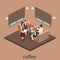 Isometric interior of cafe shop. flat 3D isometric design interior cafe or restaurant. People sit at tables and eat.