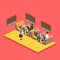 Isometric interior of cafe shop. flat 3D isometric design interior cafe or restaurant. People sit at tables and eat.