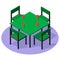 Isometric interior furniture - dinner table with drinks and four chairs