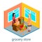 Isometric interior of grocery store. Shopping mall flat 3d isometric concept web illustration.