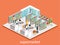 Isometric interior of grocery store. Shopping mall flat 3d isometric web illustration.