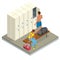 Isometric Interior of a locker and changing room. Vector changing locker room with shower enclosures benches and storage