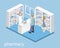 Isometric interior of pharmacy. Flat 3D infographic illustration