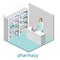 Isometric interior of pharmacy. Flat 3D infographic illustration