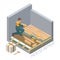 Isometric interior repairs concept. Repairer is laying parquet