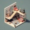 isometric interior room architecture generative AI illustration. furniture house home modern isometric architecture.
