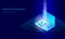 Isometric internet security lock business concept. Blue glowing isometric personal information data connection pc