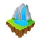 Isometric island with waterfall and green grass. Colorful nature landscape. Vector design for mobile game