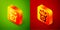 Isometric Jack in the box toy icon isolated on green and red background. Jester out of the box. Square button. Vector