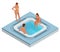 Isometric jacuzzi with swirling water isolated on white. People enjoying jacuzzi hot tub bath spa.