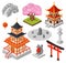 Isometric Japan vector illustration, cartoon 3d Japanese travel city landmark, oriental pagoda house temple, bridge