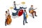 Isometric Jazz festival Concept. Saxophone, double bass, Black Drum Kit, guitar music instrument played by saxophonist