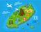 Isometric Jeju island, South Korea. Jeju-do map with Jeju attractions Hallasan, Dol Hareubang or Harubang
