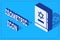 Isometric Jewish torah book icon isolated on blue background. On the cover of the Bible is the image of the Star of