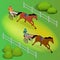 Isometric Jockey and horse. Two racing horses competing with each other. Race in harness with a sulky or racing bike