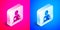 Isometric Journalist news reporter with microphone icon isolated on pink and blue background. Silver square button