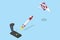 Isometric joystick control rocket flying to red target, startup and business concept