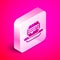 Isometric Junk food icon isolated on pink background. Prohibited hot dog. No Fast food sign. Silver square button