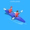 Isometric kayakers rafting sports Flat 3d isometry