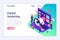 Isometric landing page design concept of Digital marketing  business people characters work near a giant laptop