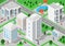 Isometric landscape with people, city buildings, roads, parks, hotels and swimming pool. Set of detailed city buildings. 3d isomet