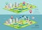 Isometric landscapes with city buildings, parks, plains, hills, mountains, lakes and rivers. Set of detailed city buildings. 3d is