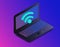 Isometric laptop with free internet, wifi. Isometric icon sign of wi-fi signal with laptop. Portable device concept on ultraviolet