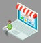 Isometric laptop with online shop, b2b marketplace, man choosing products, goods in online store