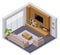 Isometric large luxury modern bright interiors room, fireplace and tv. Modern living room interior of real home isolated