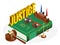 Isometric Law and Justice concept. Law theme, mallet of the judge, scales of justice, books, statue of justice vector