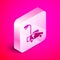 Isometric Lawn mower icon isolated on pink background. Lawn mower cutting grass. Silver square button. Vector