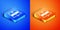 Isometric Layers icon isolated on blue and orange background. Square button. Vector