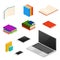 Isometric library, educational equipment, books, computers and devices