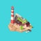 Isometric lighthouse. Island with tower and house, trees and boat at sea. 3d lighthouse tower vector illustration