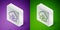 Isometric line Acid rain and radioactive cloud icon isolated on purple and green background. Effects of toxic air