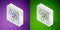 Isometric line Acid rain and radioactive cloud icon isolated on purple and green background. Effects of toxic air