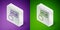 Isometric line Acquaintance icon isolated on purple and green background. Silver square button. Vector