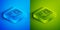 Isometric line Action extreme camera icon isolated on blue and green background. Video camera equipment for filming