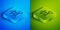 Isometric line All Terrain Vehicle or ATV motorcycle icon isolated on blue and green background. Quad bike. Extreme