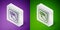 Isometric line Alligator crocodile paw footprint icon isolated on purple and green background. Silver square button