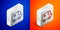 Isometric line Ambulance and emergency car icon isolated on blue and orange background. Ambulance vehicle medical